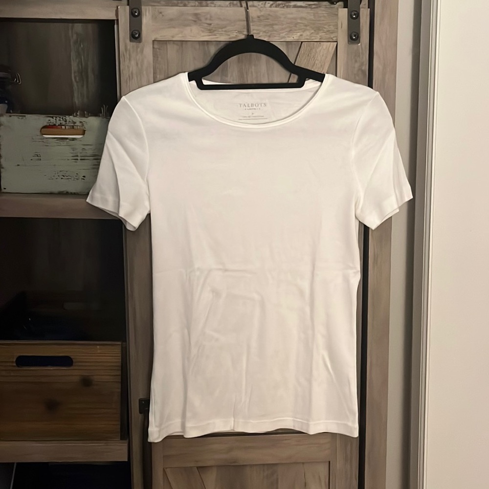 TALBOTS White Crew Neck Short Sleeve 100% Cotton Classic Tee,Petite